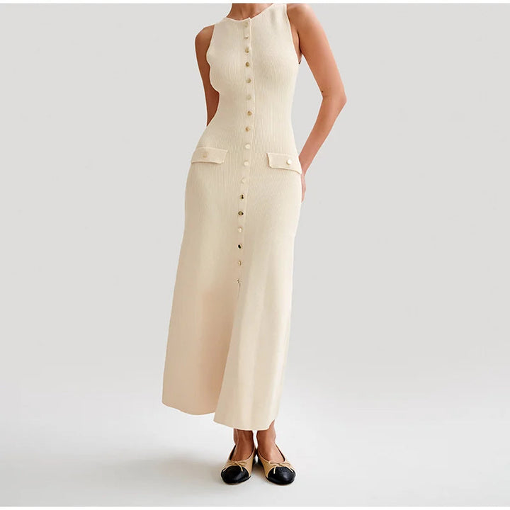 Elegant Knitted Midi Dress with Button Decoration and Small Slit - Pierre