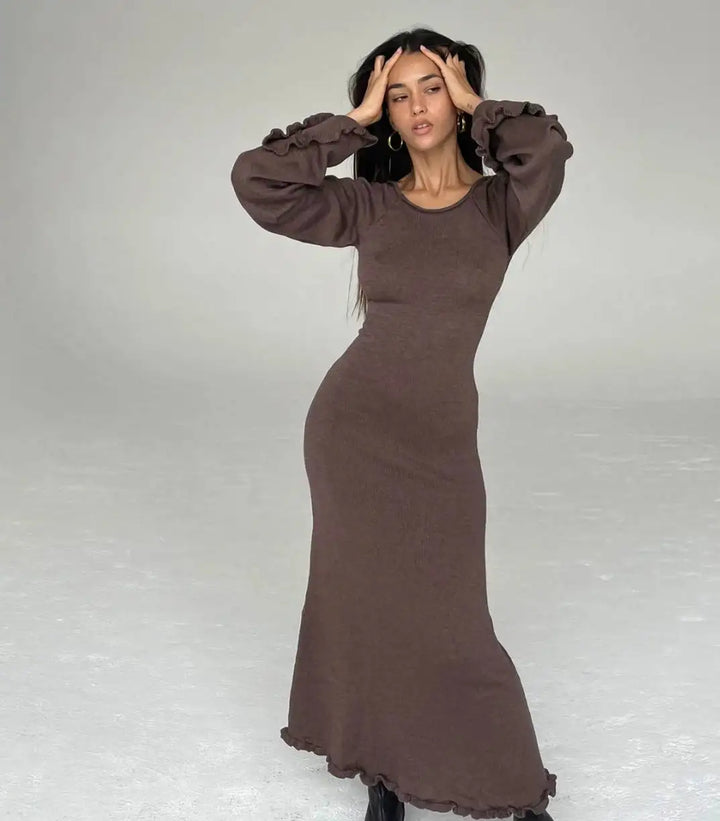 Knitted Maxi Dress with Bell Sleeves and Ruffle Decoration - Agatha