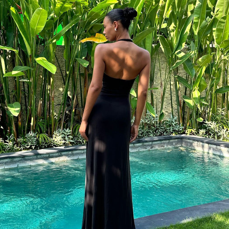 Maxi dress with deep neckline and open back - Alma
