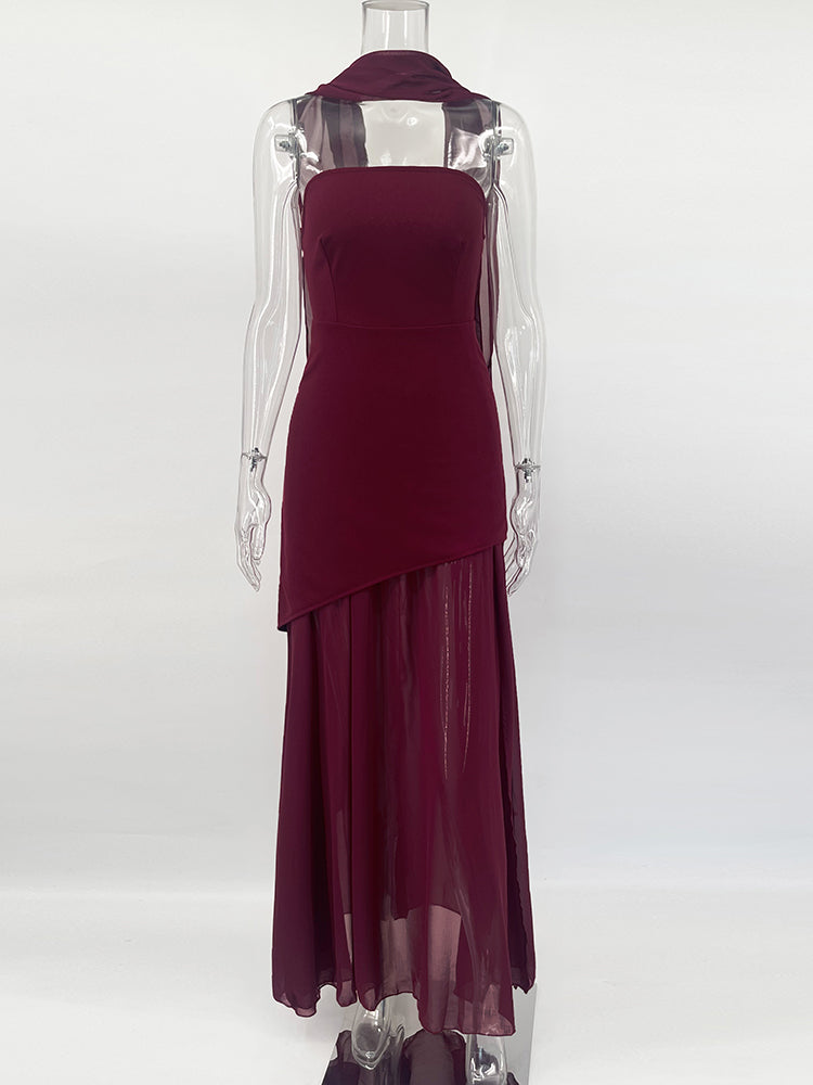Strapless Maxi Dress with Chiffon Bottom, Slit Design, and Matching Scarf Detail - Princess