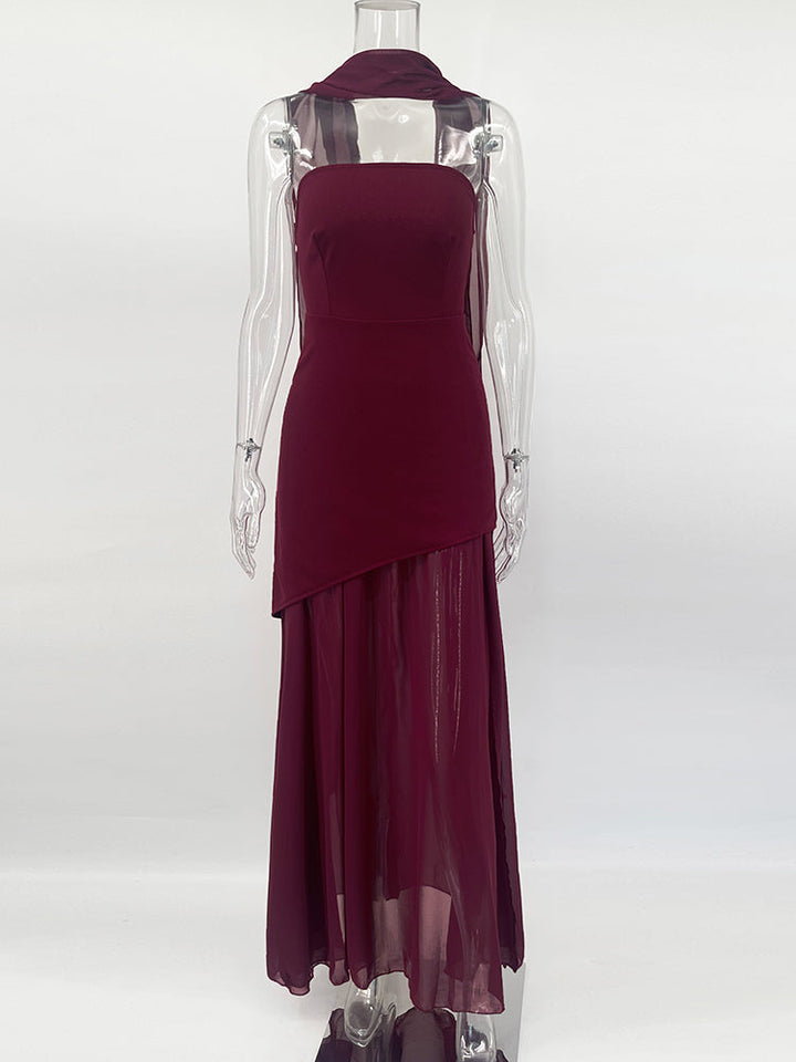 Strapless Maxi Dress with Chiffon Bottom, Slit Design, and Matching Scarf Detail - Princess