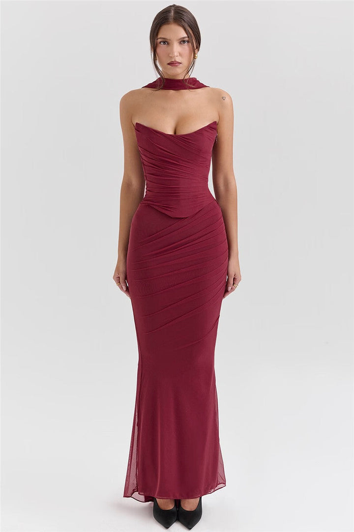 Two-Piece Set with Strapless Top and Maxi Skirt with Matching Scarf Detail - Francia