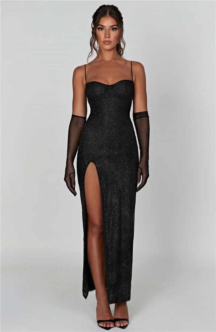 Sequin Maxi Dress with Slit and Glove Detail - Daphne