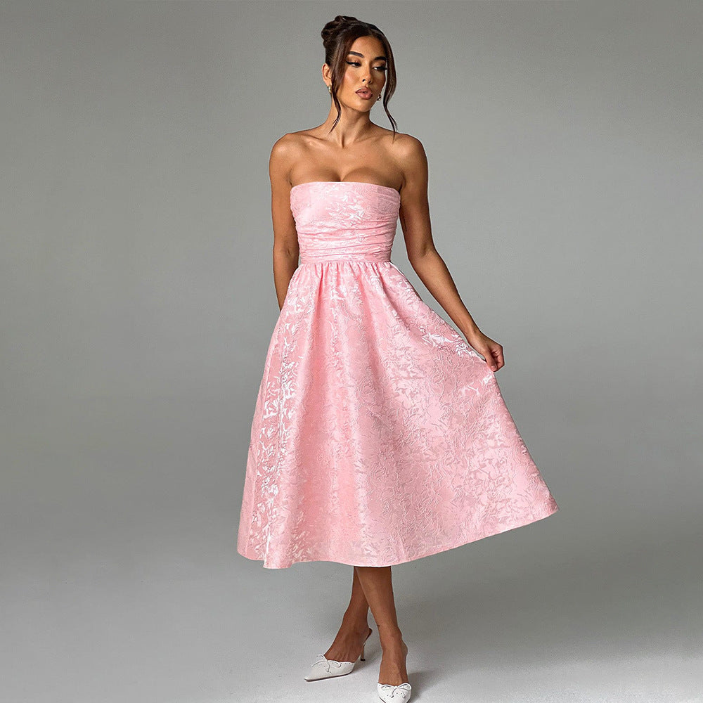 Midi Strapless A-Line Dress with Open Back and Floral Embroidery Detail - Flora