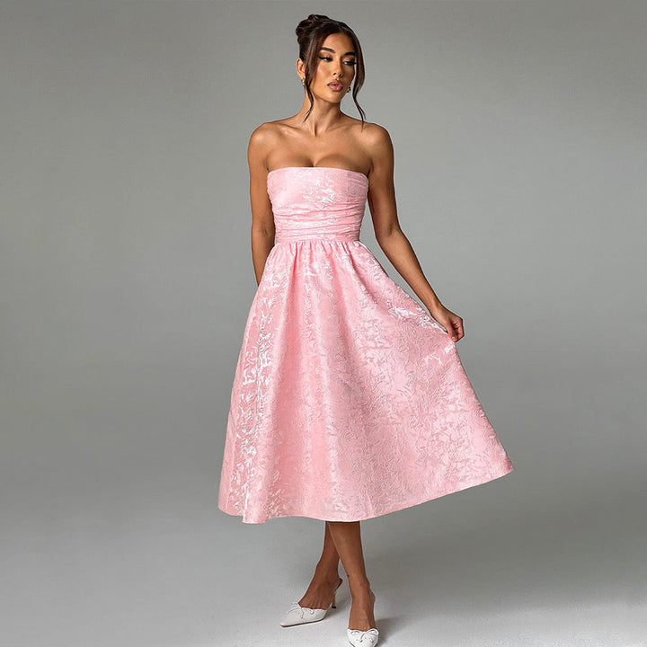 Midi Strapless A-Line Dress with Open Back and Floral Embroidery Detail - Flora