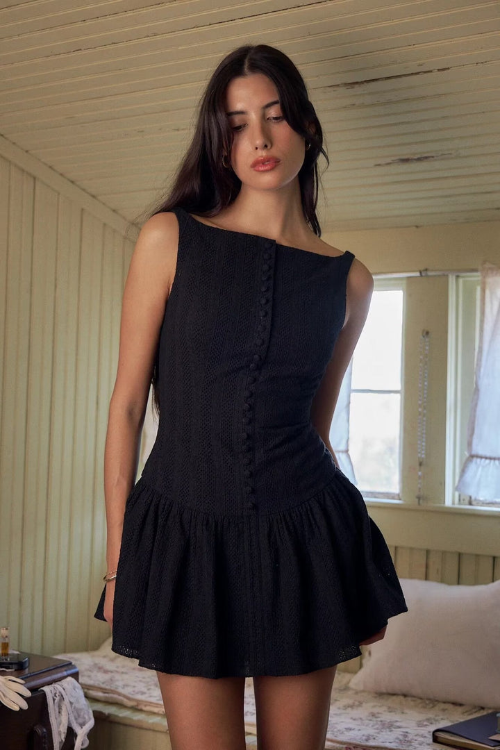 Mini Dress with Embroidery and Button Detail - Shaked