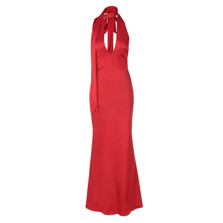 Satin Dress with Deep Neckline and Neck Tie - Paulina