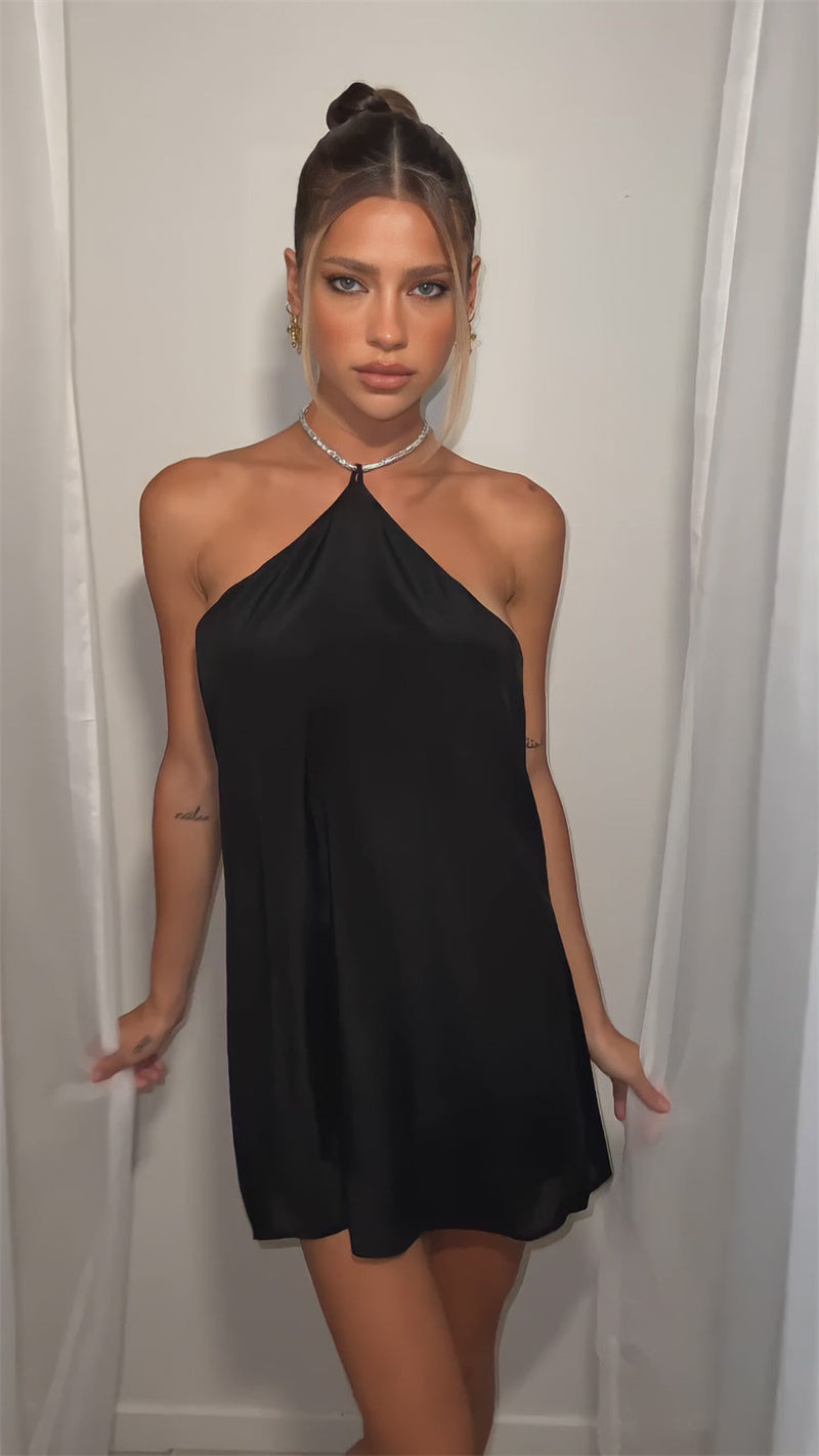Satin mini dress with sparkling sequin threads tied at neck - Colin