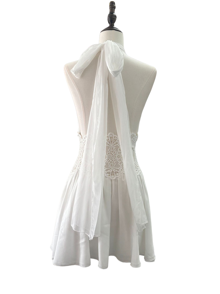 Opera - Ruffled chiffon mini dress with a halter tie, open back, and embroidered design