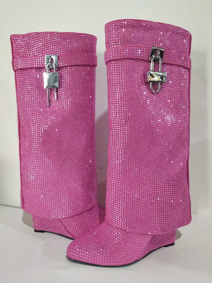 High Heel Boots with Glitter Studs and Lock Detail - Bailey