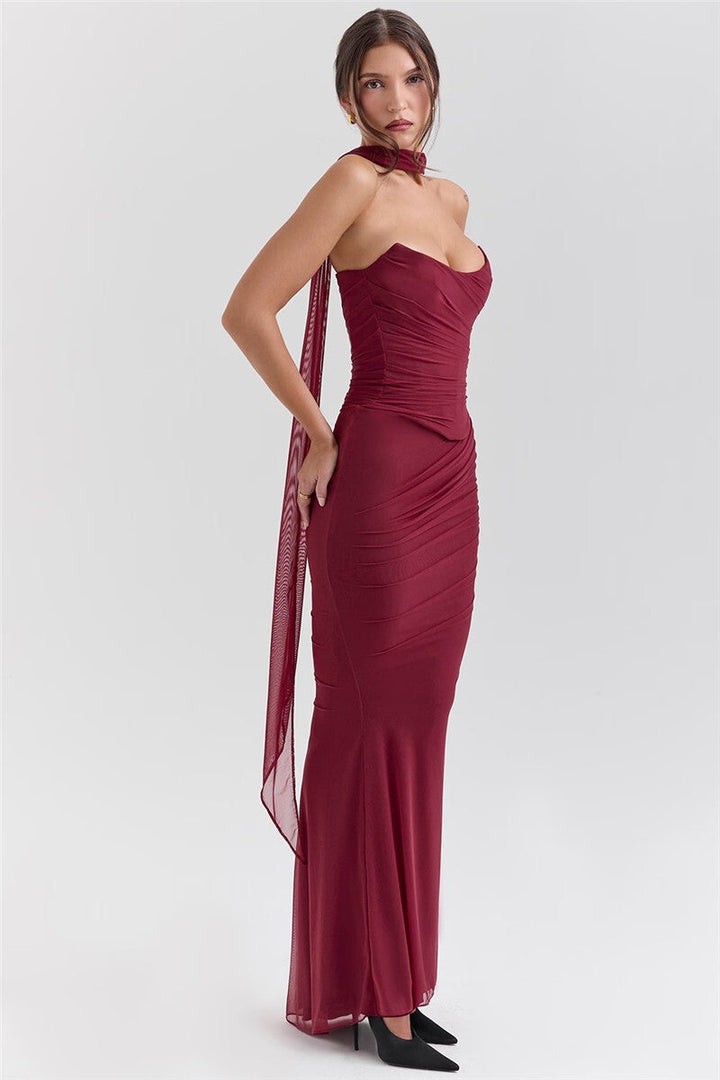 Two-Piece Set with Strapless Top and Maxi Skirt with Matching Scarf Detail - Francia
