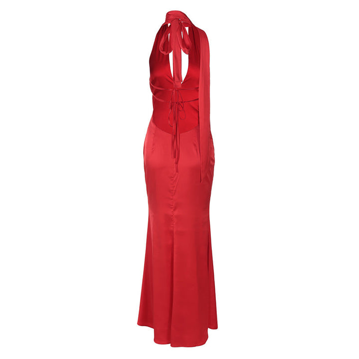 Satin Dress with Deep Neckline and Neck Tie - Paulina