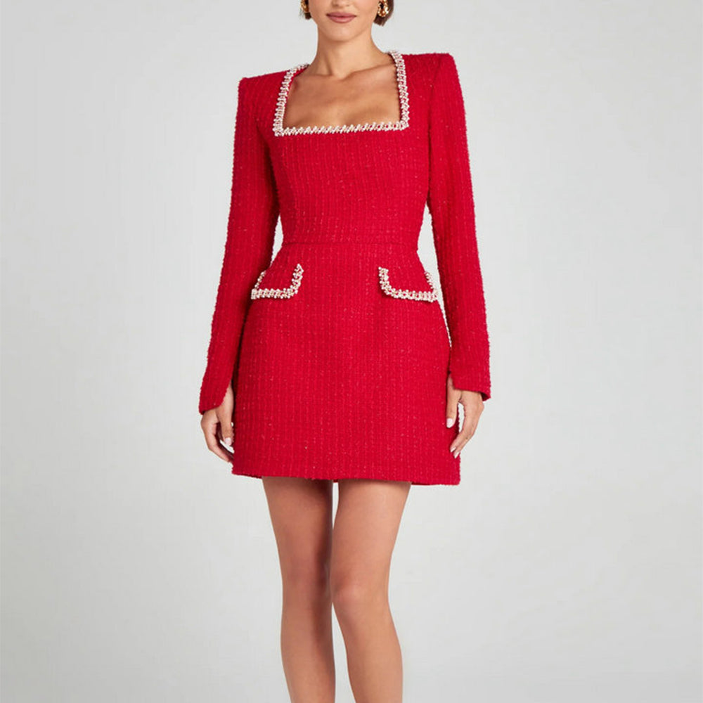 Elegant Mini Dress with Short/Long Sleeves, Tailored Style, Woven Fabric with Sequin and Pearl Embellishment - Lucia
