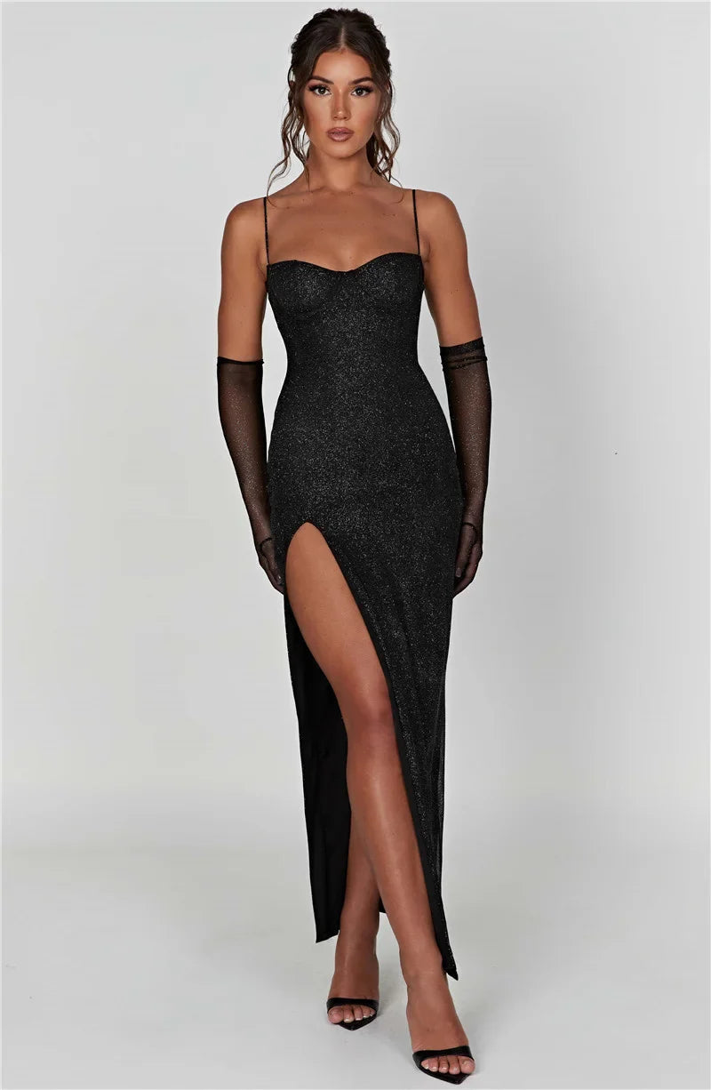Sequin Maxi Dress with Slit and Glove Detail - Daphne