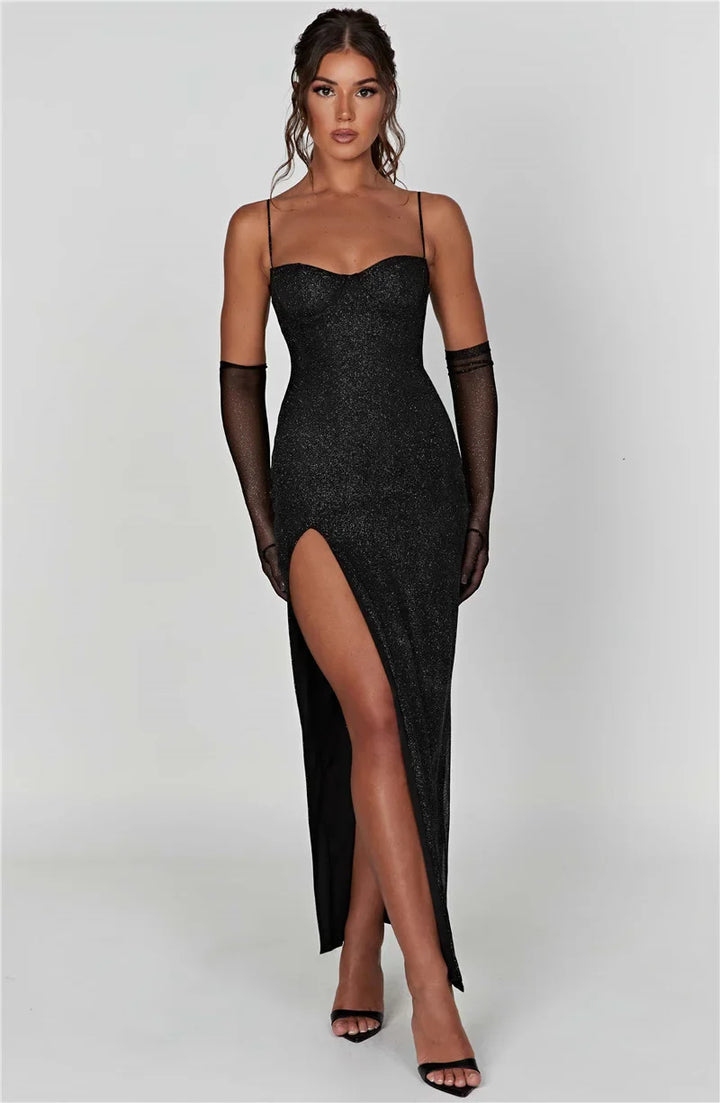 Sequin Maxi Dress with Slit and Glove Detail - Daphne