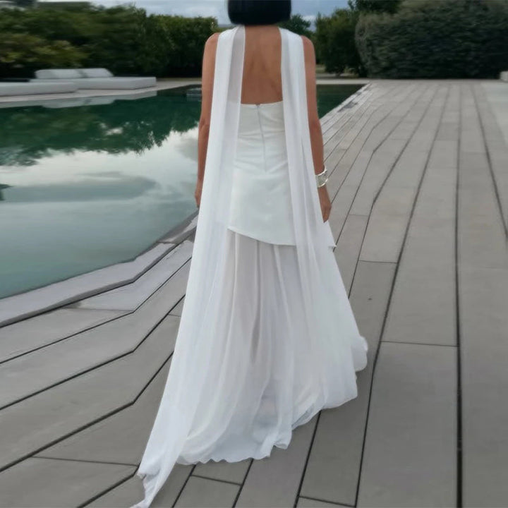 Strapless Maxi Dress with Chiffon Bottom, Slit Design, and Matching Scarf Detail - Princess