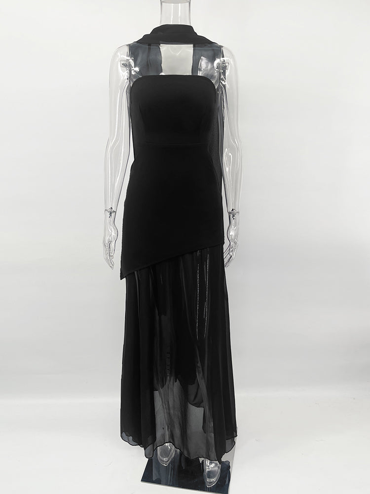 Strapless Maxi Dress with Chiffon Bottom, Slit Design, and Matching Scarf Detail - Princess