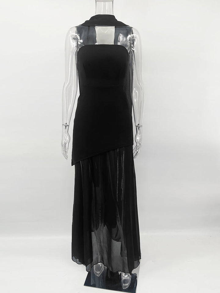 Strapless Maxi Dress with Chiffon Bottom, Slit Design, and Matching Scarf Detail - Princess