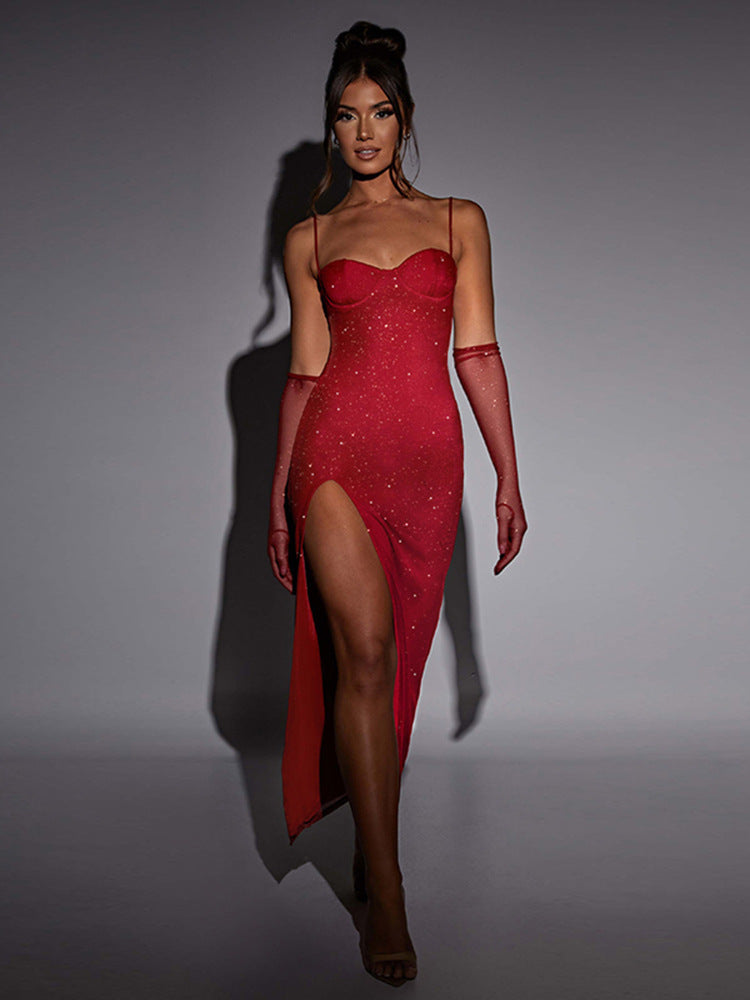 Sequin Maxi Dress with Slit and Glove Detail - Daphne