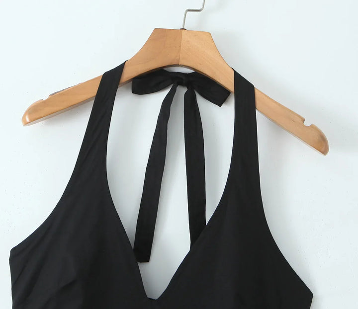 Midi A-line Dress with Neck Tie and Open Back - Makenna