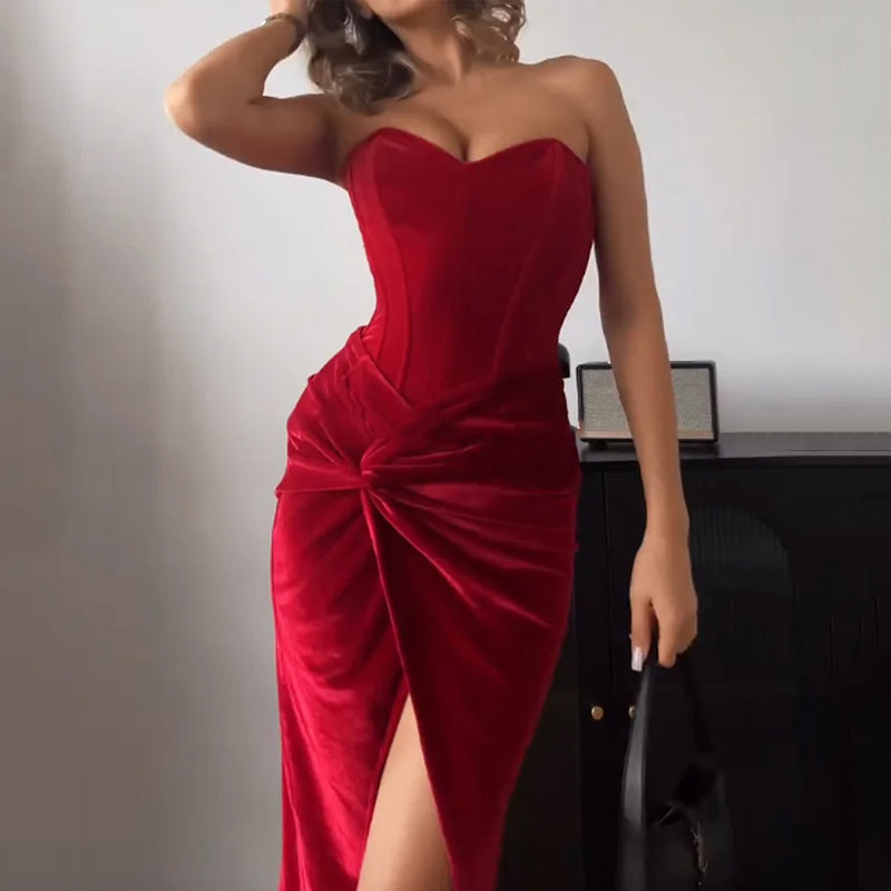 Velvet Strapless Maxi Dress with Corset Design, Back Tie, Waist Cinch, and Slit Detail - London