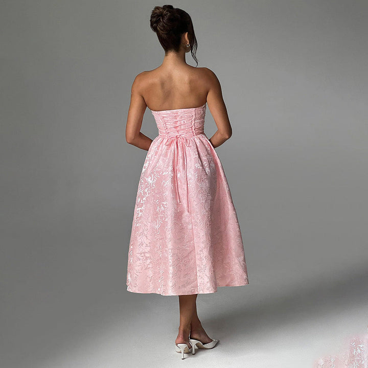 Midi Strapless A-Line Dress with Open Back and Floral Embroidery Detail - Flora