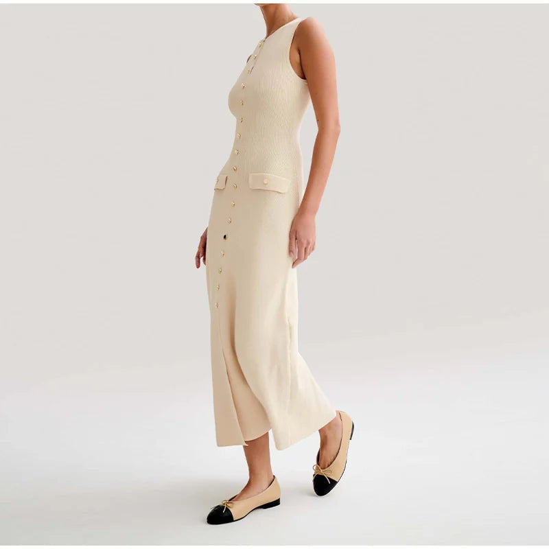 Elegant Knitted Midi Dress with Button Decoration and Small Slit - Pierre