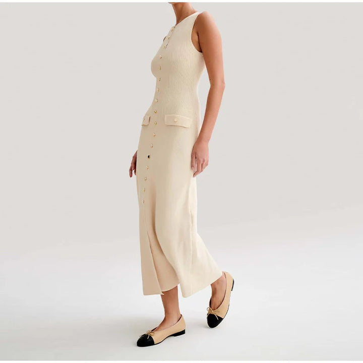 Elegant Knitted Midi Dress with Button Decoration and Small Slit - Pierre