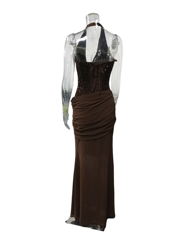 Maxi Dress with Sequin Design, Closure at Exposed Back, and Back Tie for Waist Fitting - Liana