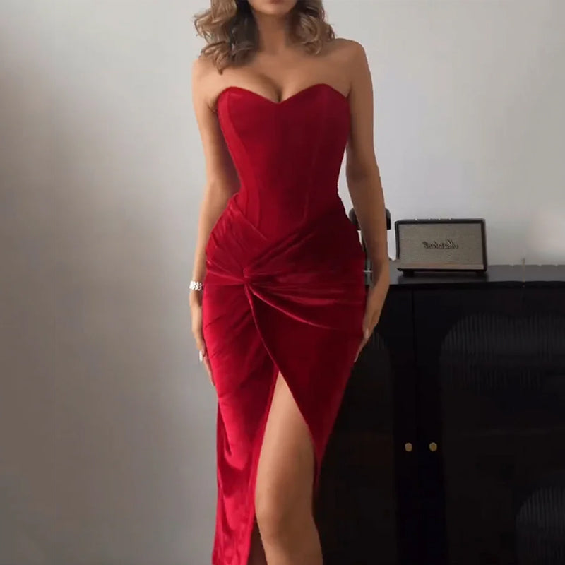 Velvet Strapless Maxi Dress with Corset Design, Back Tie, Waist Cinch, and Slit Detail - London