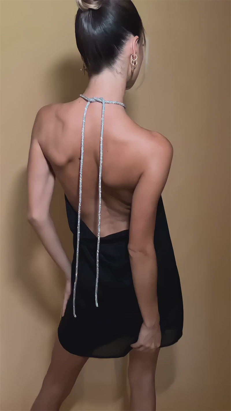 Satin mini dress with sparkling sequin threads tied at neck - Colin