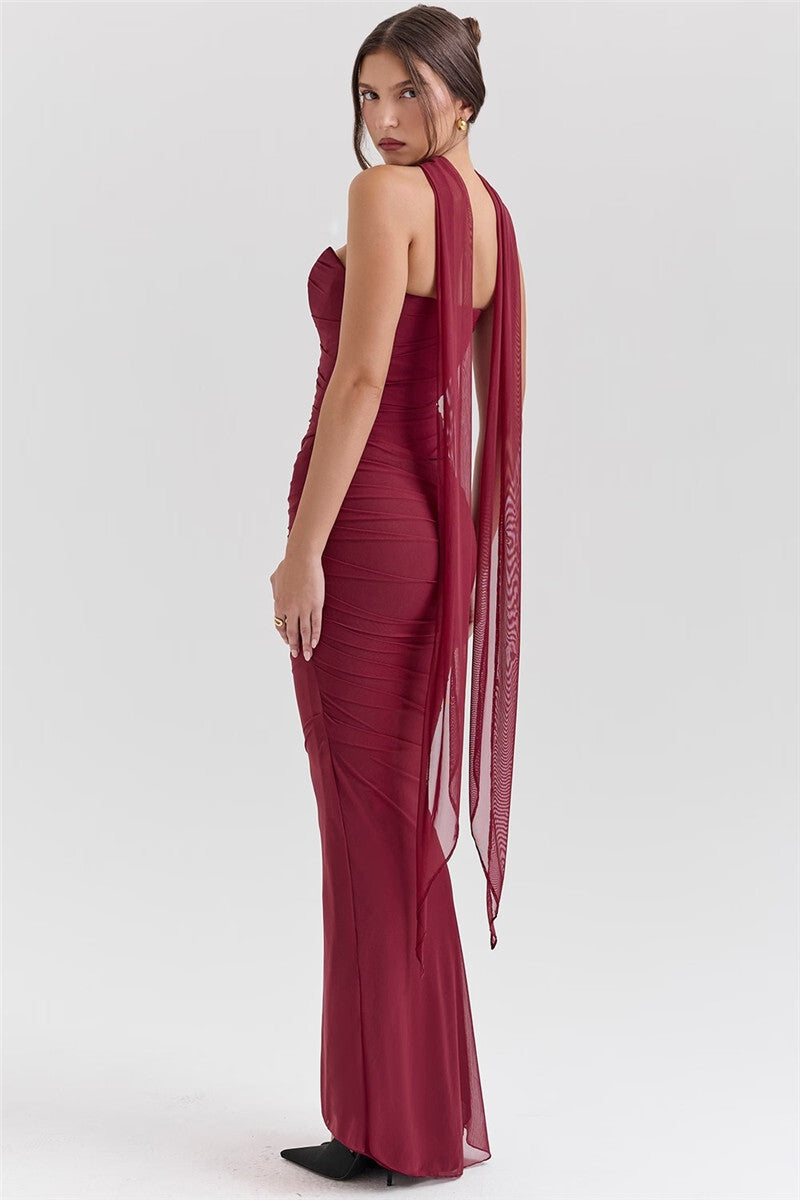 Two-Piece Set with Strapless Top and Maxi Skirt with Matching Scarf Detail - Francia