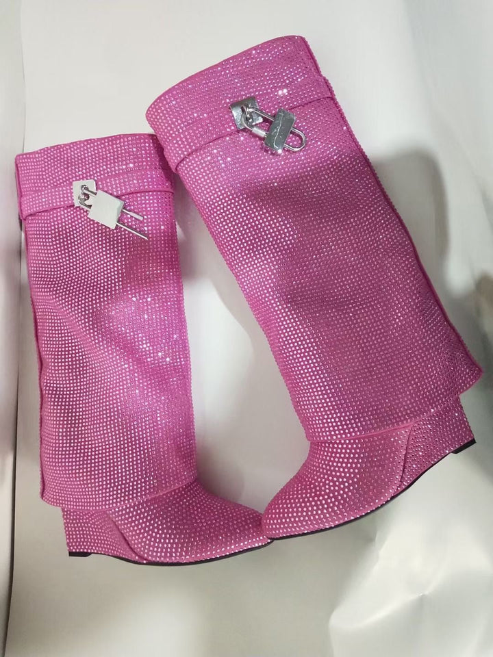 High Heel Boots with Glitter Studs and Lock Detail - Bailey