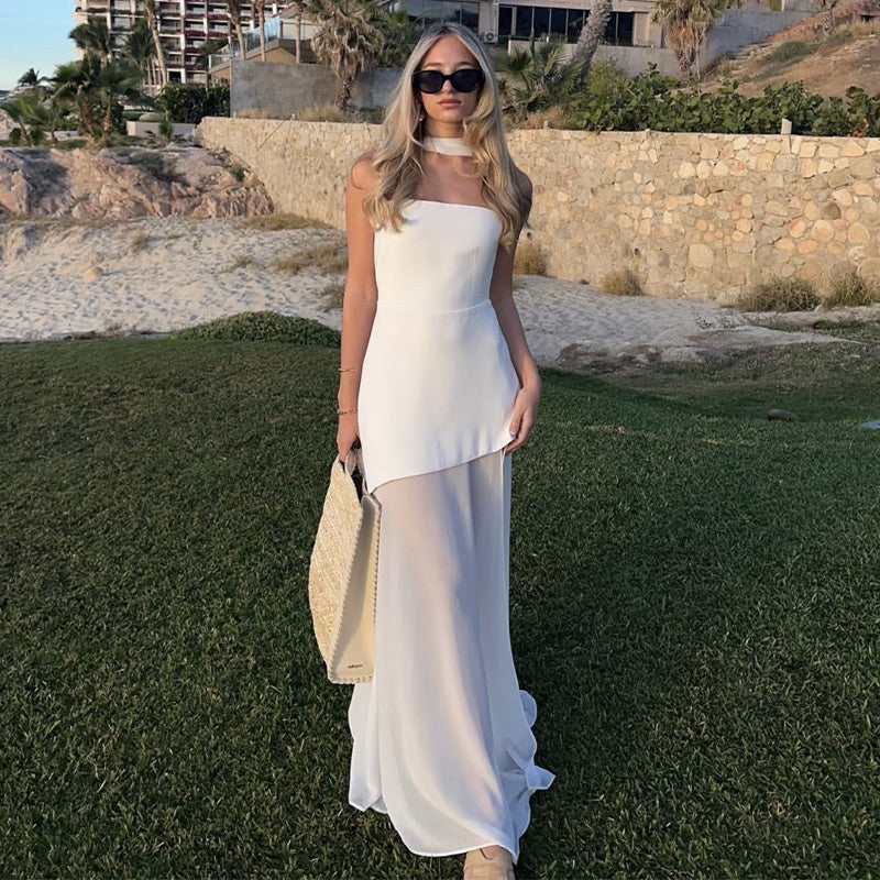 Strapless Maxi Dress with Chiffon Bottom, Slit Design, and Matching Scarf Detail - Princess