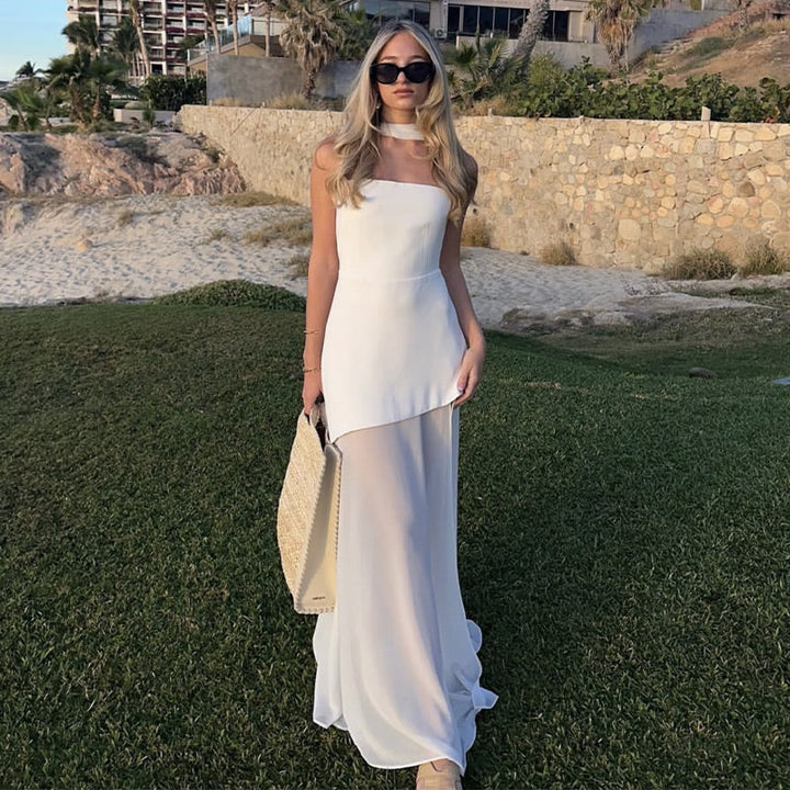 Strapless Maxi Dress with Chiffon Bottom, Slit Design, and Matching Scarf Detail - Princess