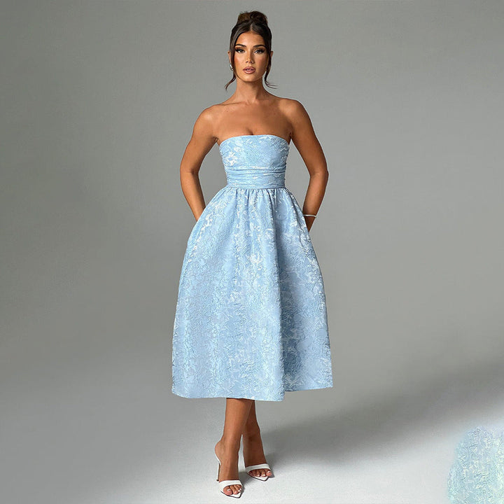 Midi Strapless A-Line Dress with Open Back and Floral Embroidery Detail - Flora