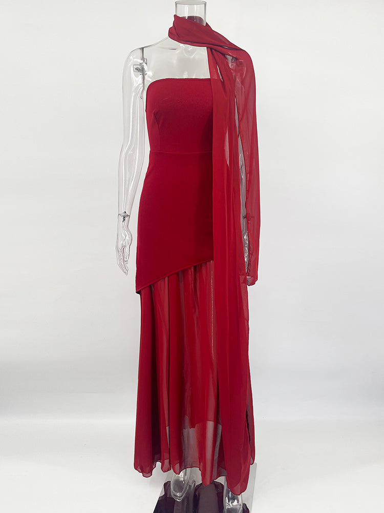 Strapless Maxi Dress with Chiffon Bottom, Slit Design, and Matching Scarf Detail - Princess