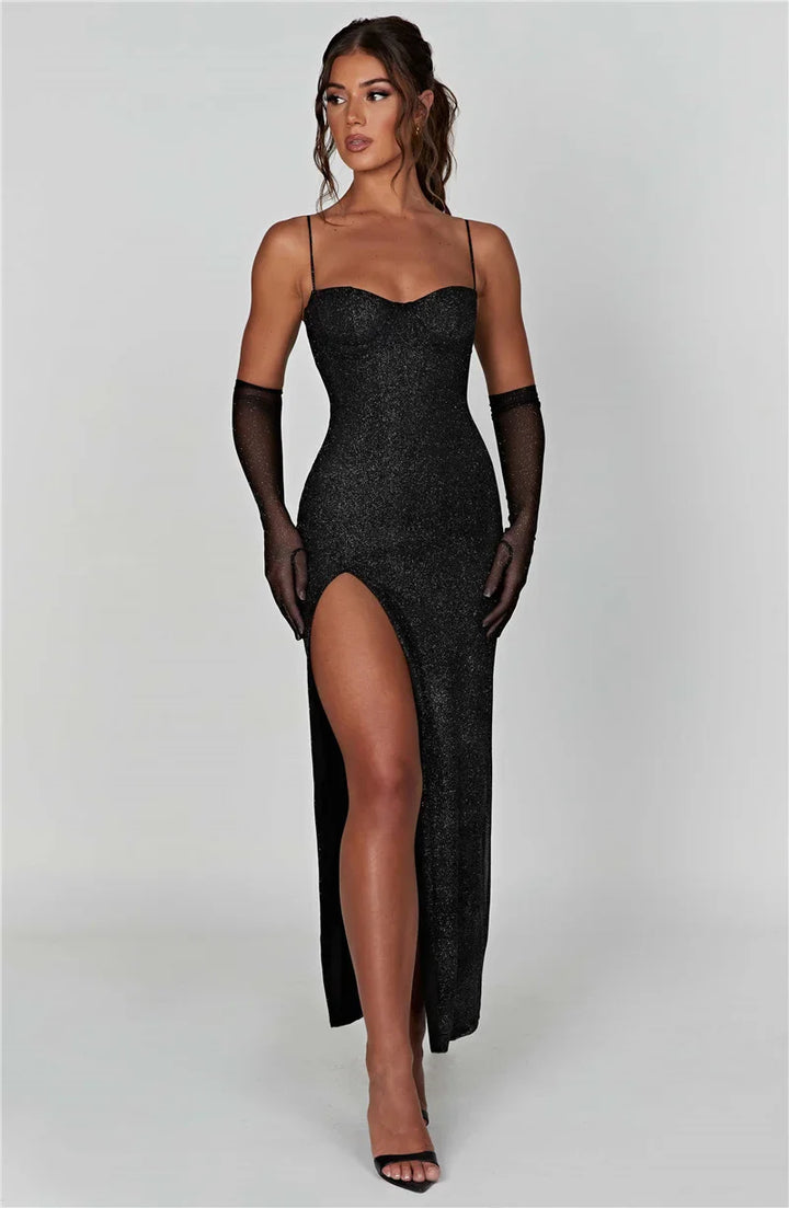 Sequin Maxi Dress with Slit and Glove Detail - Daphne