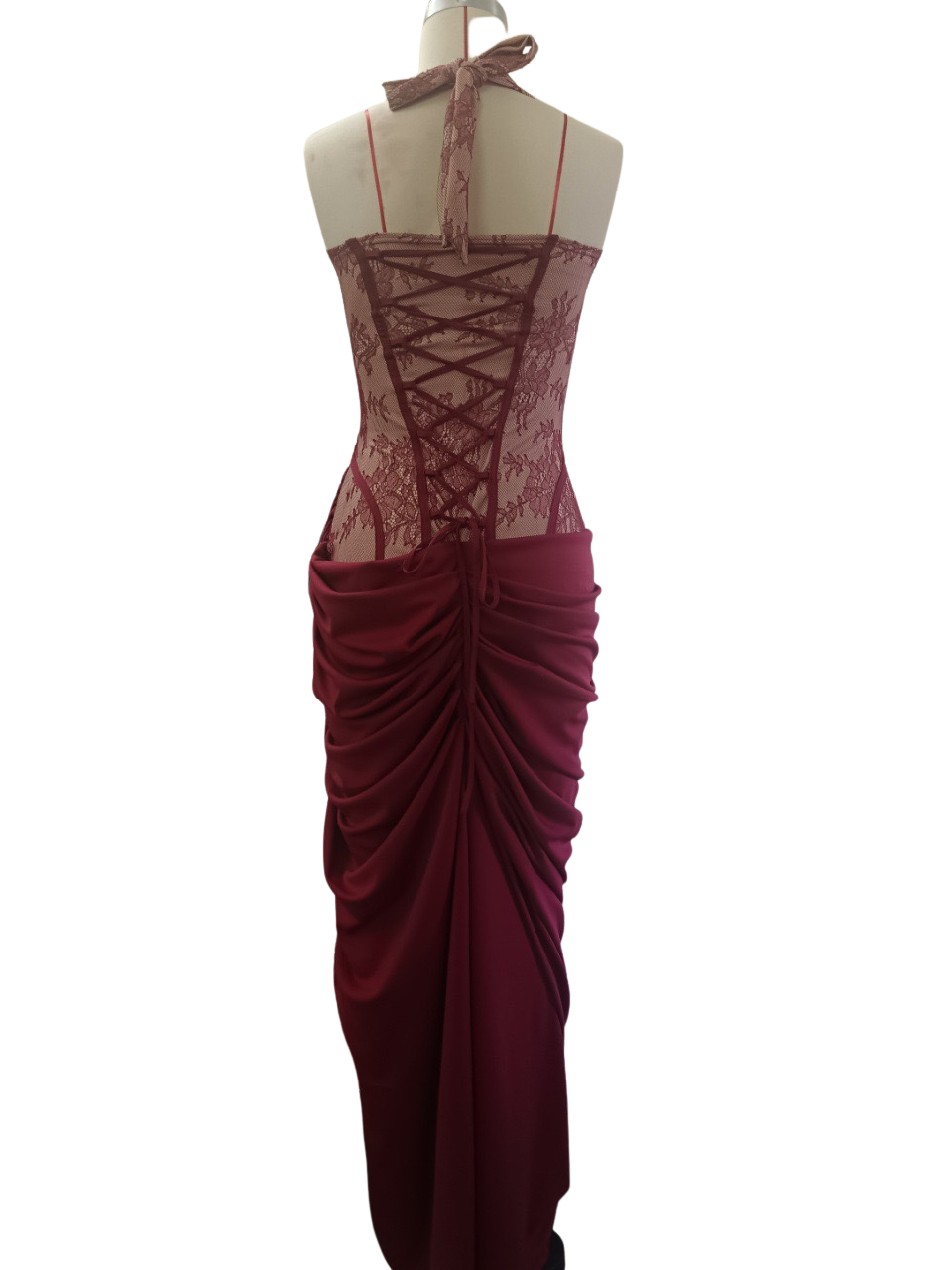 Elegant pleated maxi dress with lace embellishments, a slit design, and a back tie for a cinched waist – AYLIN