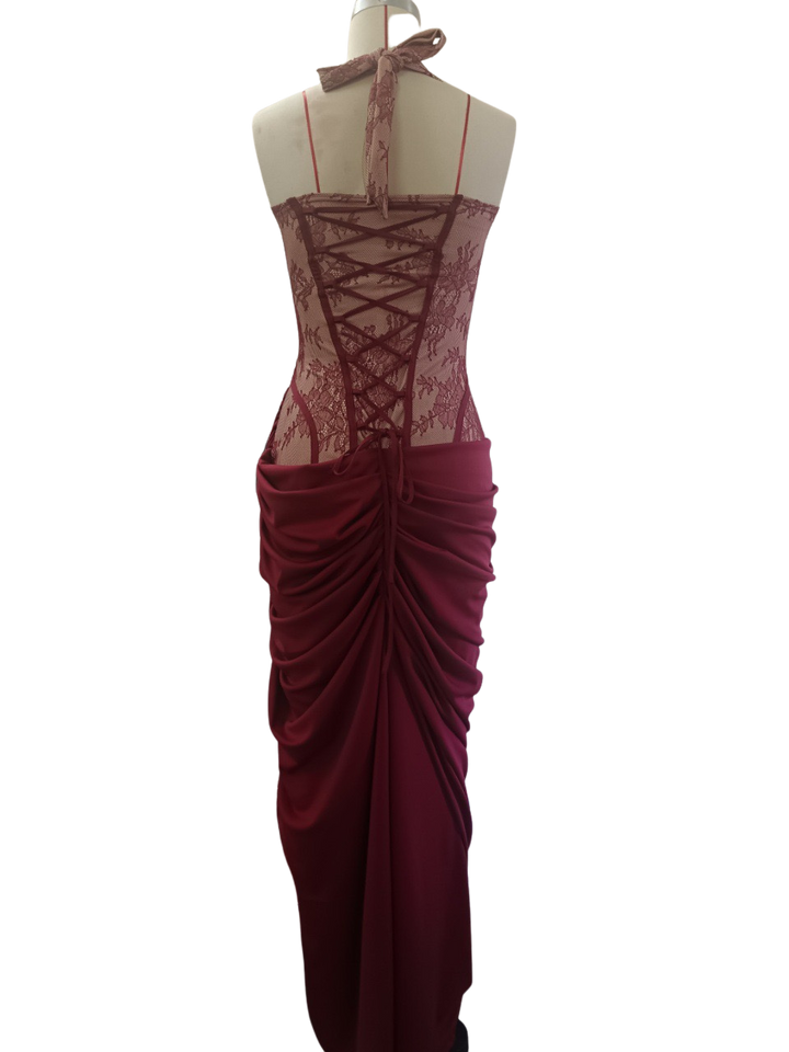 Elegant pleated maxi dress with lace embellishments, a slit design, and a back tie for a cinched waist – AYLIN