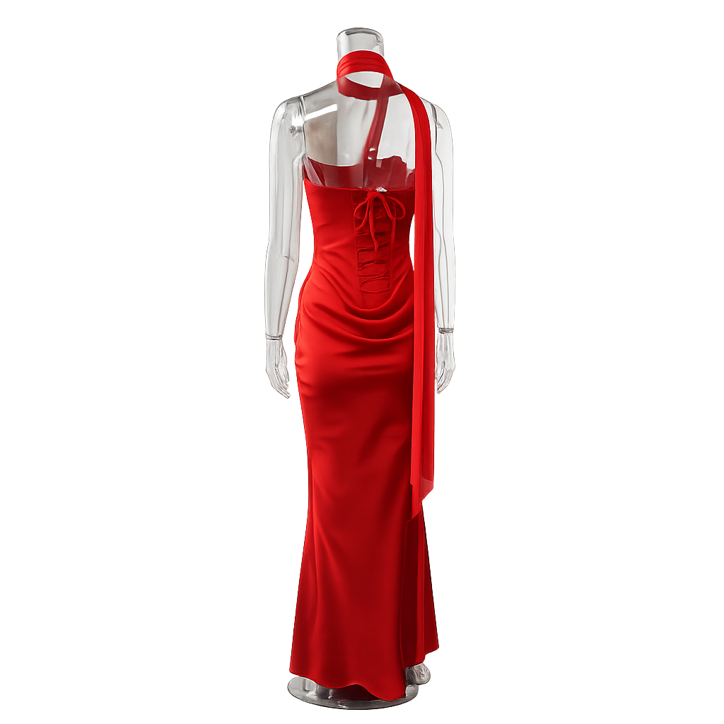 Maxi strapless dress with satin pleats and a lace-up corset back for waist fitting, decorated with a scarf - GENNA