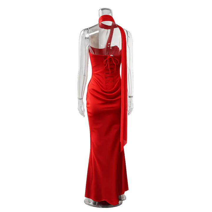 Maxi strapless dress with satin pleats and a lace-up corset back for waist fitting, decorated with a scarf - GENNA