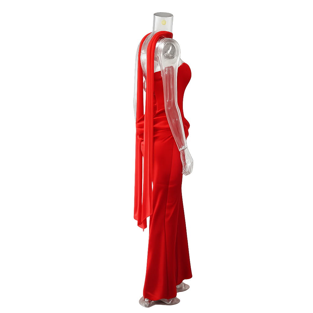 Maxi strapless dress with satin pleats and a lace-up corset back for waist fitting, decorated with a scarf - GENNA