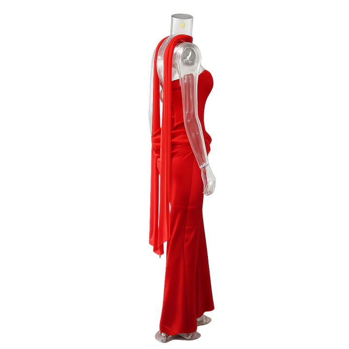 Maxi strapless dress with satin pleats and a lace-up corset back for waist fitting, decorated with a scarf - GENNA