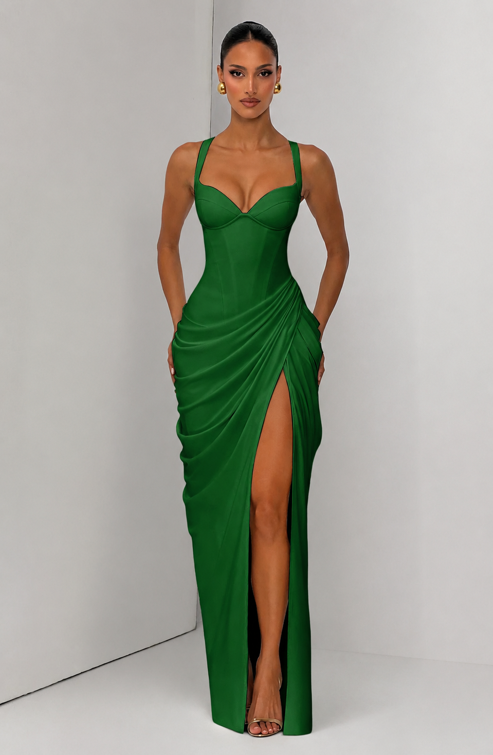Layla maxi dress with a slit, pleats, corset design, back tie, and waist-cinching fit
