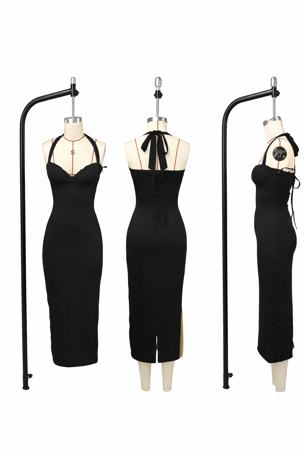 Fitted Midi Dress with Lace Decoration and Tie at Open Back - KYLA