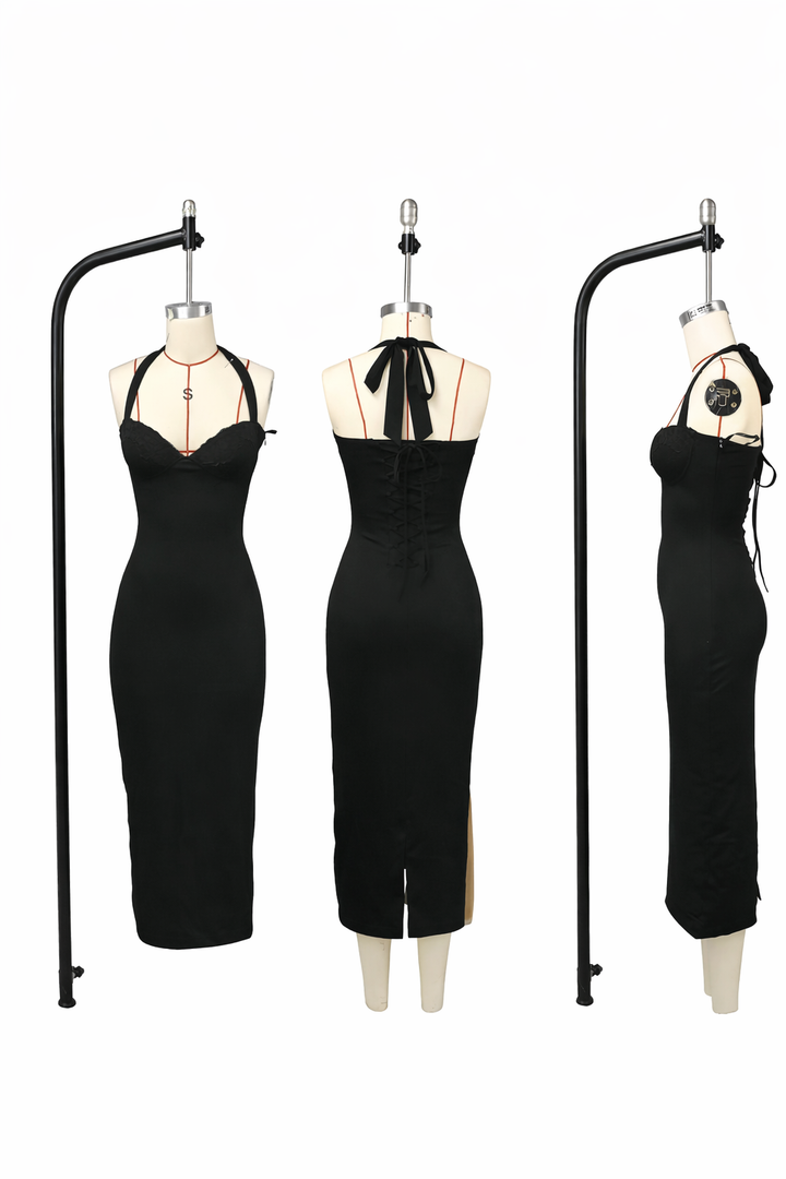 Fitted Midi Dress with Lace Decoration and Tie at Open Back - KYLA