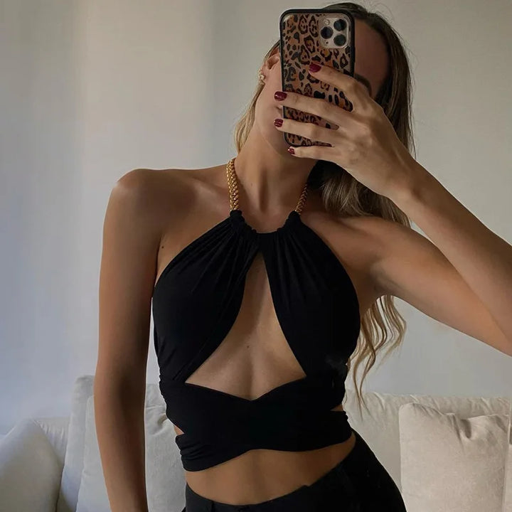 Crop Top with Cutouts and Chain - Nell
