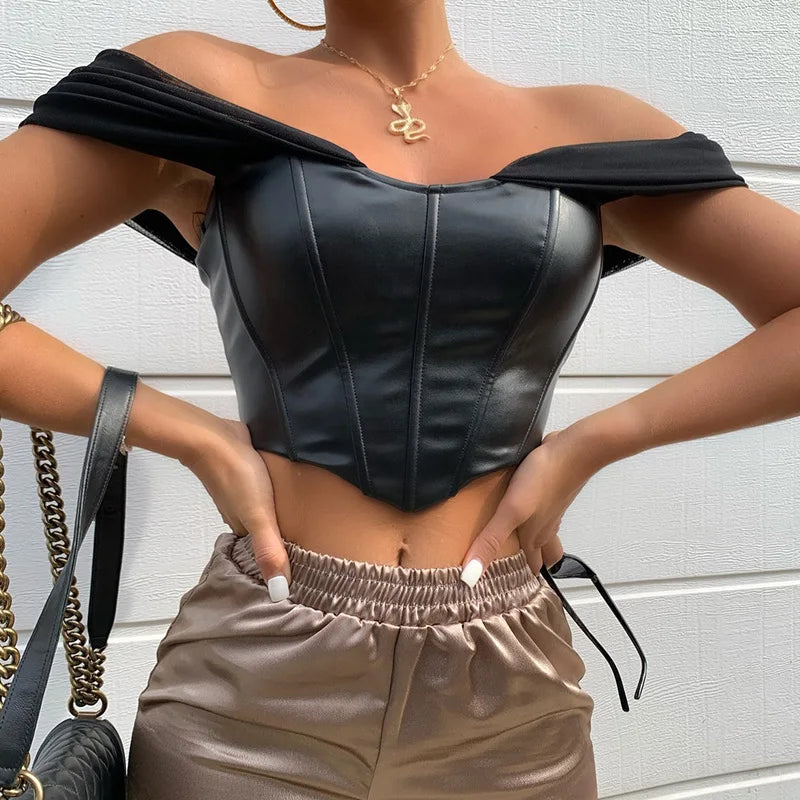 Mixed Leather Top with Chiffon Dropped Sleeve - Ariana