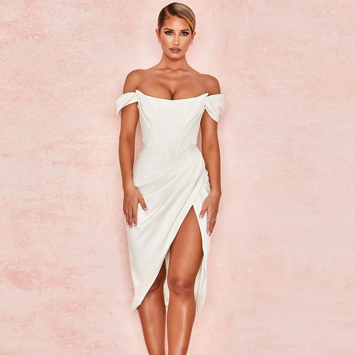 Satin Corset Dress with Dropped Sleeves - Coral